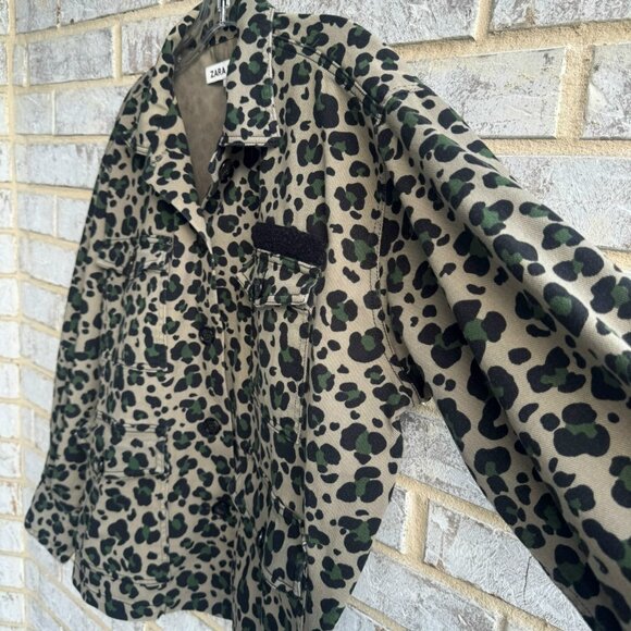 Zara SRPLS Long Sleeve Button Up Animal Print Cotton Blend Jacket Women's Size L - Picture 6 of 11